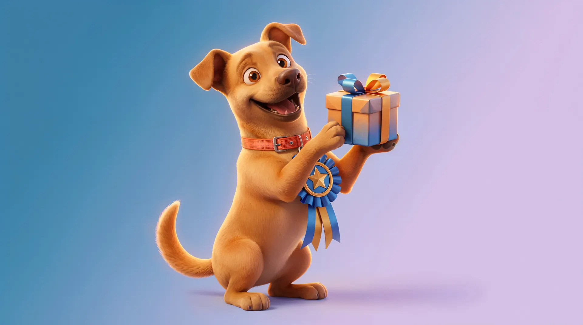 Bidu, um vira-lata caramelo mascote do Nostos, segurando um presente