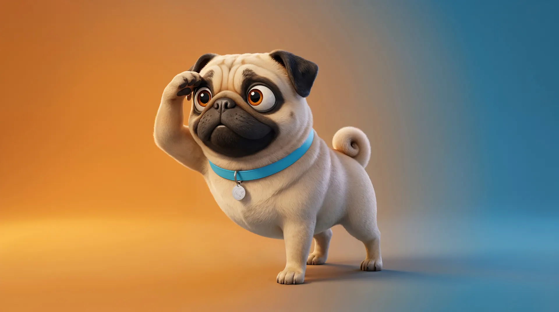 Theo, um pug mascote do Nostos, olhando atento ao longe